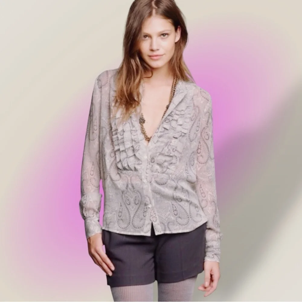 J. Crew 100% Silk ‘Faded Paisley Flouncette Blouse’ in White & Black Size 6